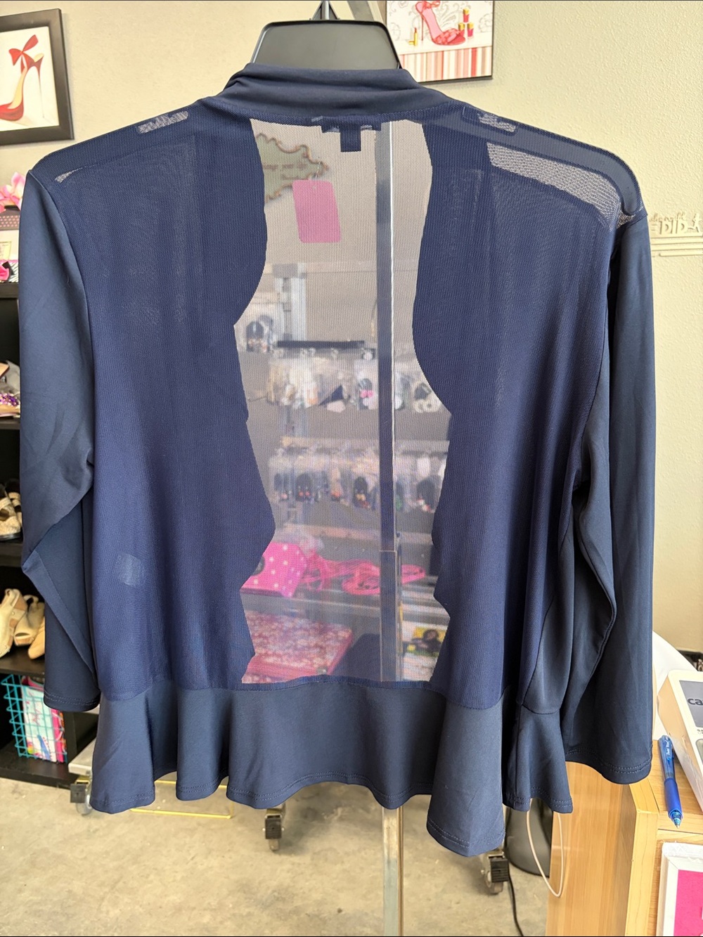 Nina Leonard Navy Ruffle-Front Sheer-Back Cardigan - Picture 4 of 5